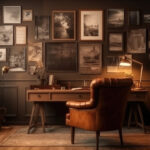 A cozy study room with a vintage desk, a leather armchair, and a gallery wall of photo frames. Generative AI